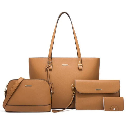 4 Piece Women Fashion Tote Handbag Shoulder Bag - Brown - Easydrop