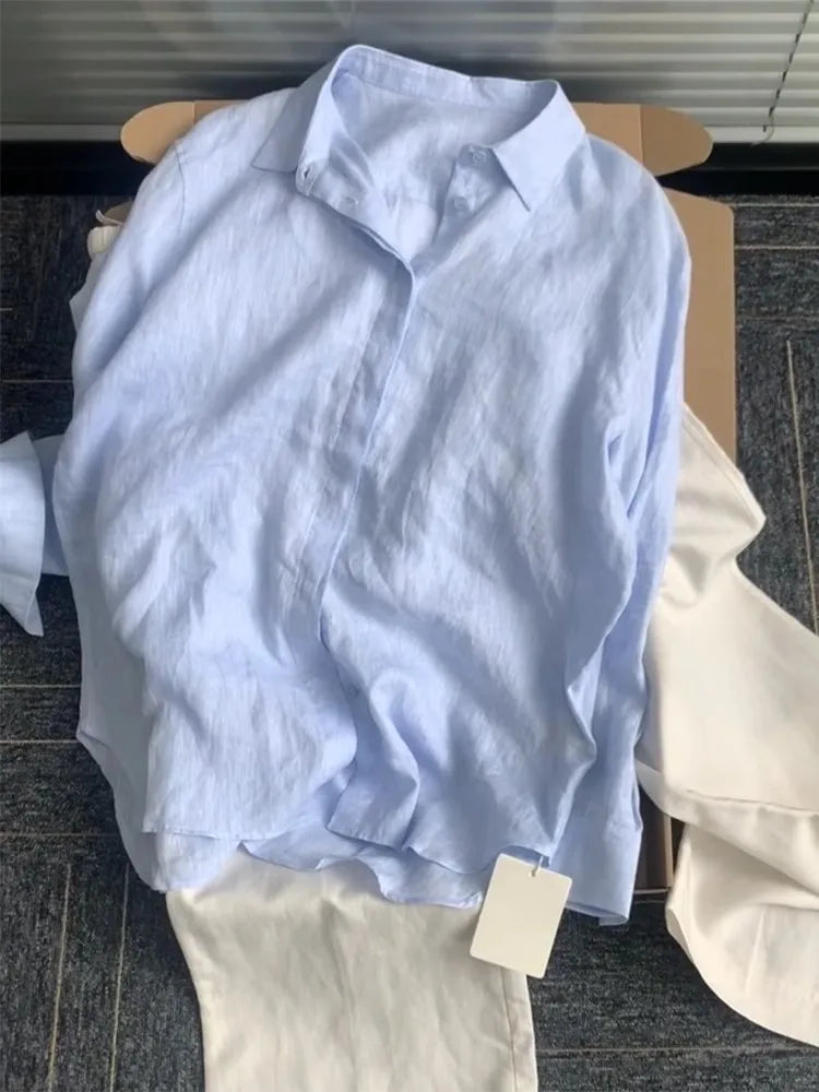 Casual Office Ladies Work Solid Color Linen Shirt Long Sleeve Spring Summer Single Breasted Loose Fit Fashion Women Blouses Tops