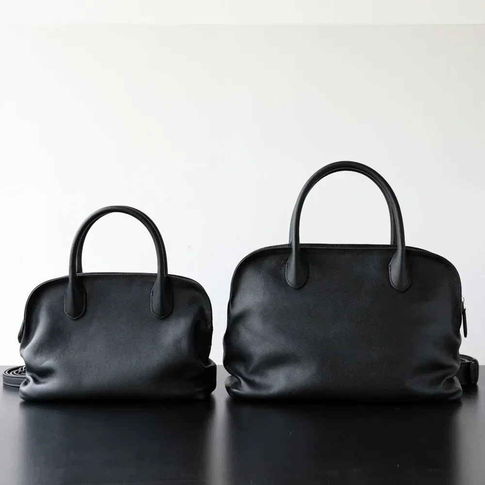 Light Luxury High Quality First-layer Cowhide Pleated Portable Large-capacity Shoulder Messenger Leather Commuter Bowling Bag