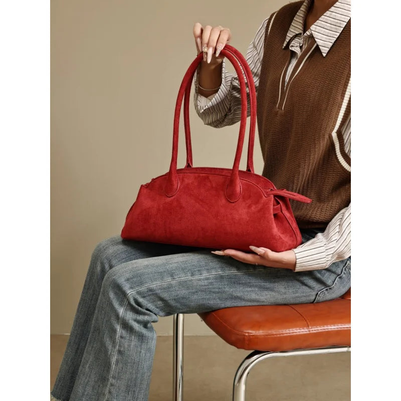 2026New Women's Bag,Niche Original Design Light Luxury Retro Commuting Date Versatile Suede Single Shoulder Bag,Fish Mouth Sande