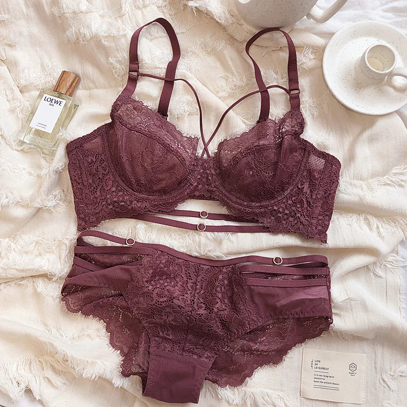 2 Pieces Sexy Hollow Push Up Bra Set French Lace Embroidery Underwear for Women Summer Ultra Thin Breathable Intimates Lingerie