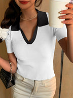 Summer Women's Shirt V-neck Short Sleeve POLO Shirt Clash Color Ribbed New Fashion Casual Women's Tops Sweet Style