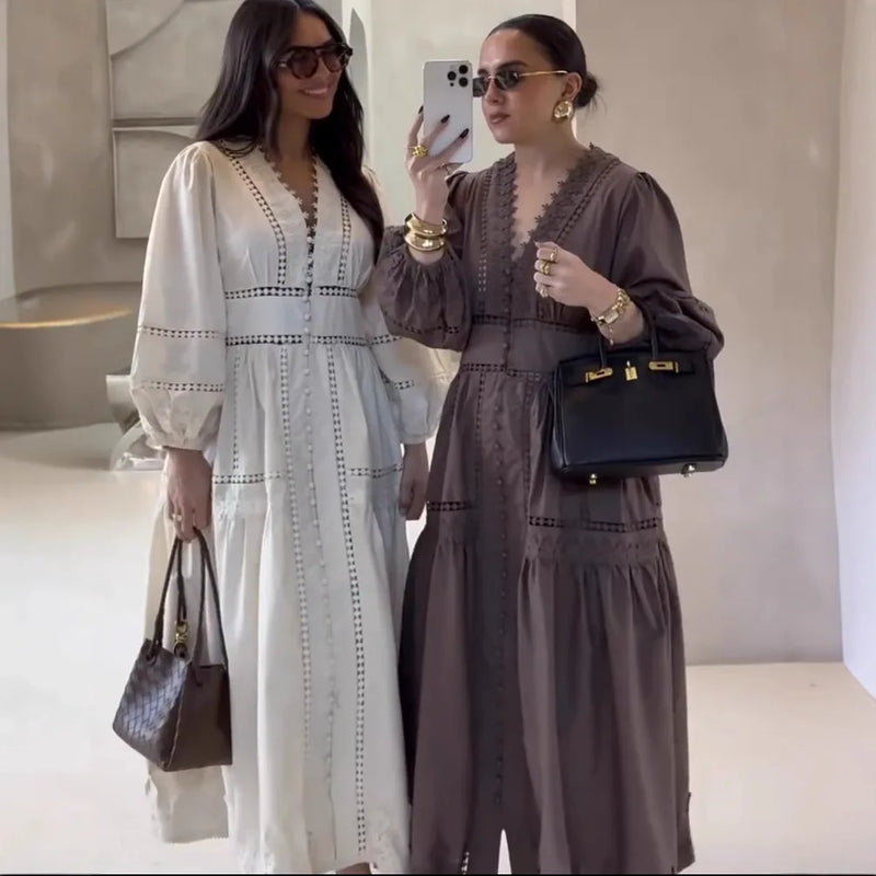 Elegant V Neck Lace Hollow Out, Puff Sleeve Embroidery Belt Maxi Dress Women