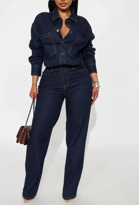 Jumpsuit Women 2026 New Spring Autumn Solid Color Pocket Design Turn-Down Collar Long Sleeved High Waist Casual Denim Jumpsuit