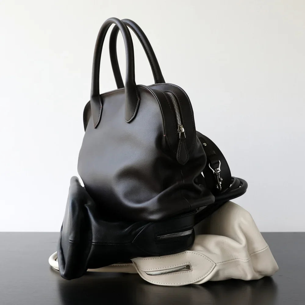 Light Luxury High Quality First-layer Cowhide Pleated Portable Large-capacity Shoulder Messenger Leather Commuter Bowling Bag