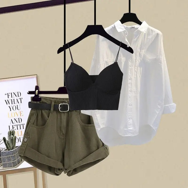 Spring/Summer Fashion Women's Set 2023 New Korean Edition Age Reducing Sling Casual Shirt Shorts Three Piece Set