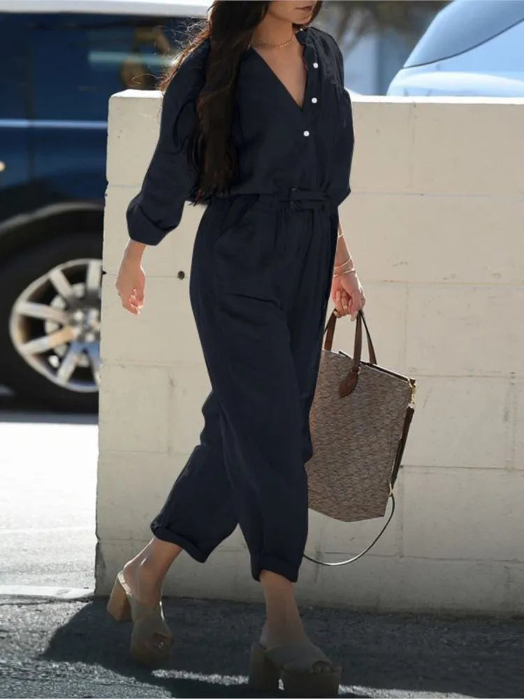 Women's Solid Casual Jumpsuit New Spring Autumn Elegant Long Sleeve High Waist Leace-up Vintage Ladies Jumpsuits Female Rompers