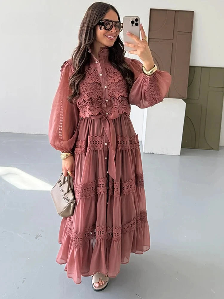 Elegant Hollow Out Women's Long Dresses Lantern Sleeves Lace Up Pearl Single Breasted Dress 2026 Spring Summer Female Solid Robe
