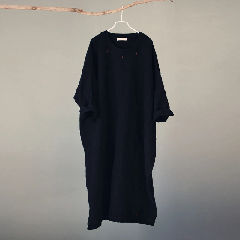 Johnature Women Vintage Maxi Dress 2025 Spring New Bat Sleeve Embroidery Cotton Linen  Robe Long Sleeve Long Dresses