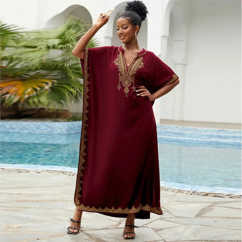 Women Vintage Loose Dress Cotton Beach Cover-up Embroidered Robe Vacation Sun Protection Bikini Cover-up Sexy Dresses For Women