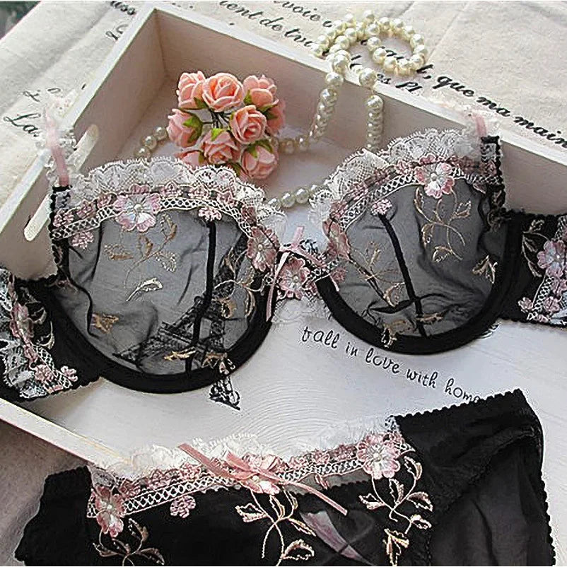 MOYISU New Arrival Luxury Pure Desire Lace Tulle Sexy Panties Lingerie Set Lilacs Embroidery Girl Boobs Big Size Big Boobs Small
