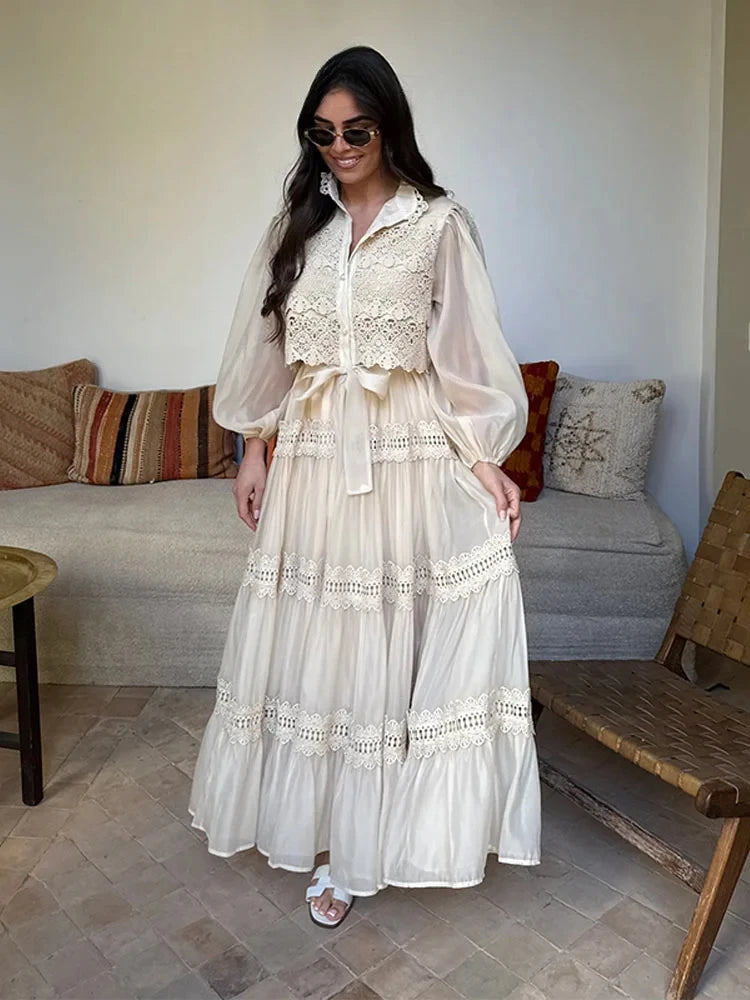 Elegant Hollow Out Women's Long Dresses Lantern Sleeves Lace Up Pearl Single Breasted Dress 2026 Spring Summer Female Solid Robe