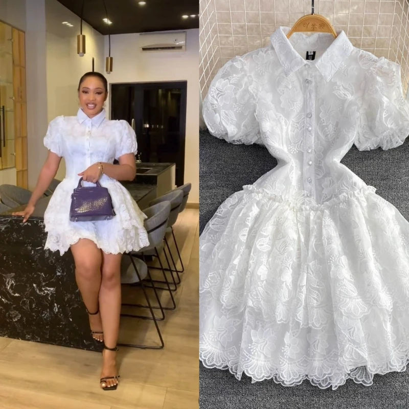 Women Vintage Lace Gown Dress Turn Down Collar Puff Sleeve Mini Dresses Single Breasted Spliced Elegant Vestidos Summer