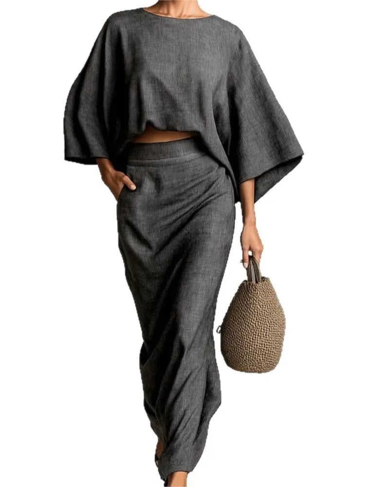 2025 New Fashion Bat Sleeve Shirt + Skirt Suit Women Autumn Casual Loose Solid Color Home Top Long Skirt For Women