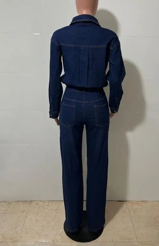Jumpsuit Women 2026 New Spring Autumn Solid Color Pocket Design Turn-Down Collar Long Sleeved High Waist Casual Denim Jumpsuit