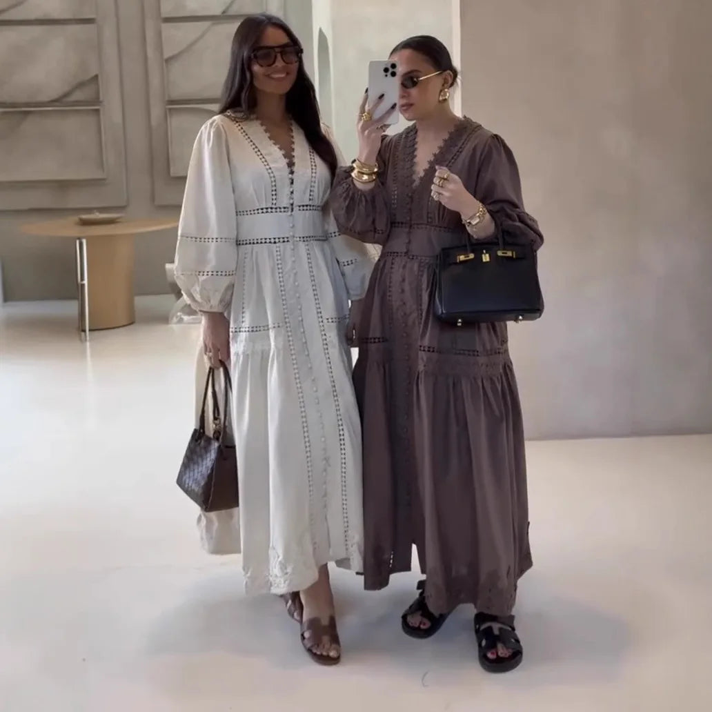 Elegant V Neck Lace Hollow Out Maxi Dress Women Puff Sleeve Embroidery Belt A-Line Elegant Spring New Lady Robes Summer 2025