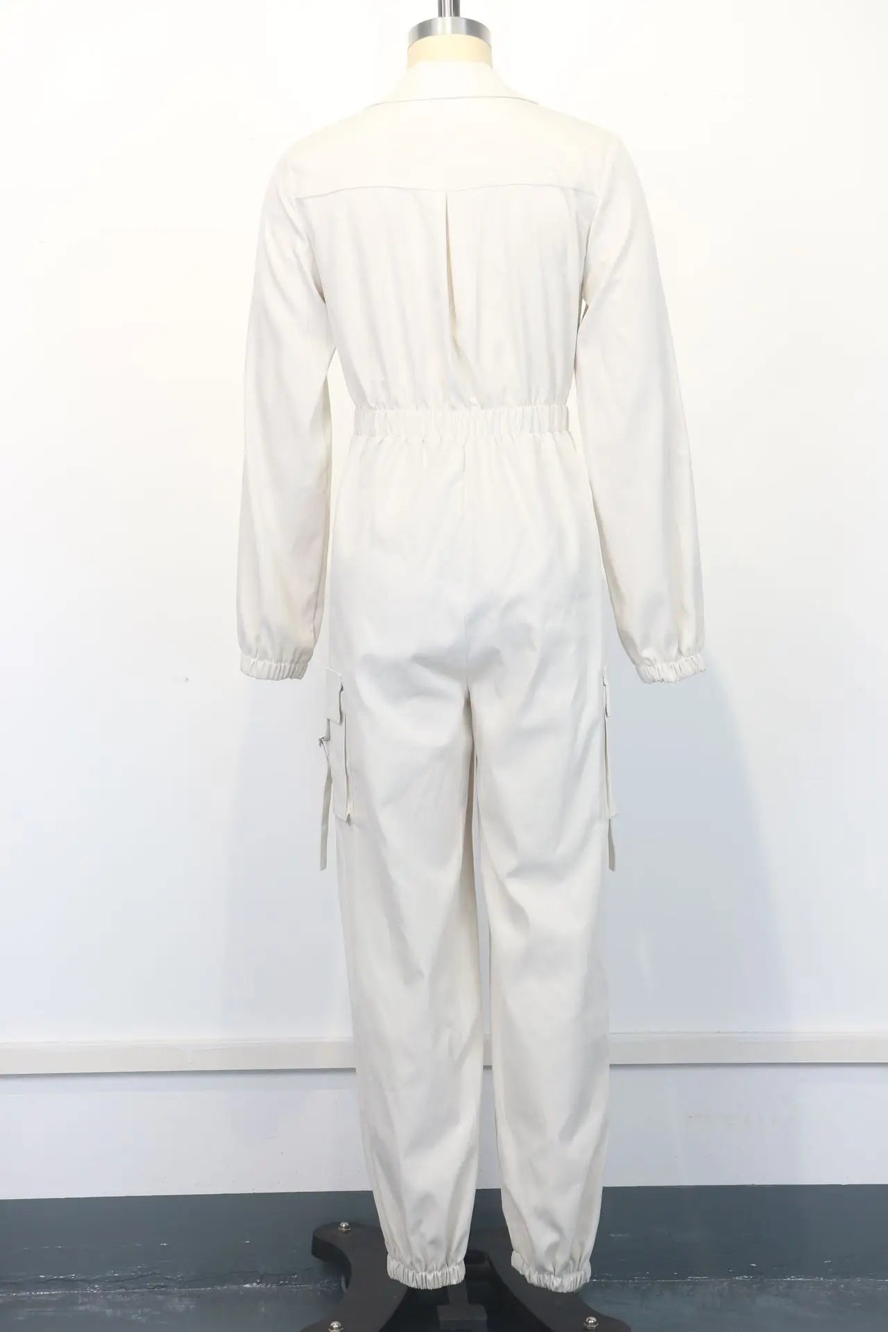 Women Jumpsuits Solid Rompers Zipper Pocket Turn Down Collar Long Sleeve Mid Waist Full Length Cargo Pants Loose Fit 2025 Summer