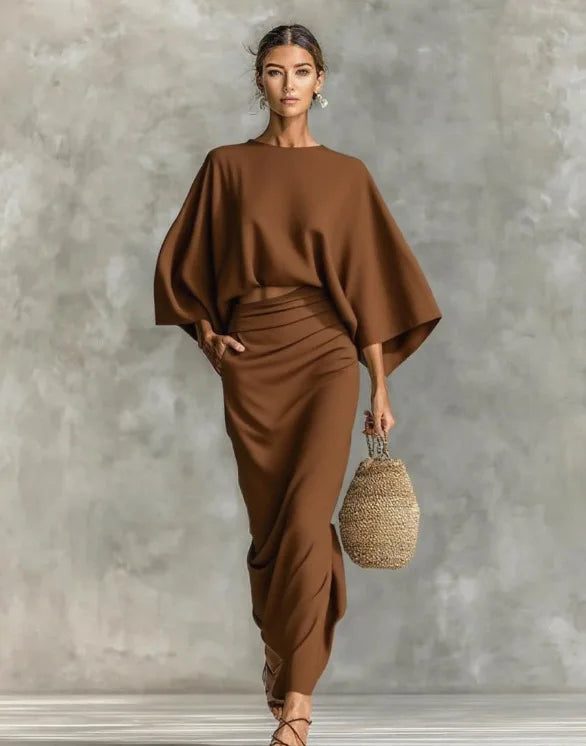 2025 New Fashion Bat Sleeve Shirt + Skirt Suit Women Autumn Casual Loose Solid Color Home Top Long Skirt For Women