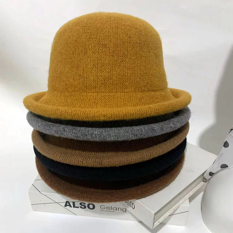 Wool Knit Bucket Hat for Women Japanese Simple Fedora Small Topper Hat Casual Ladies Solid Color British Top Hat Rolled Brim