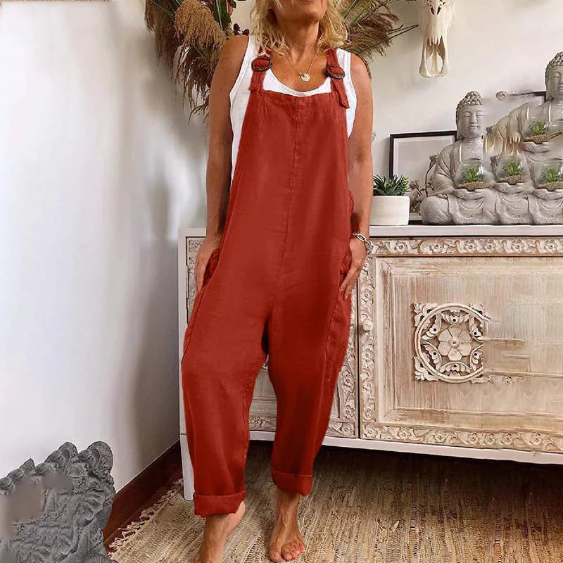 New Solid Color Large size Linen Women Jumpsuits Casual Vintage Sleeveless Adjustable Straps Loose Jumpsuit Bib Overalls