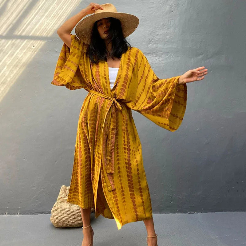 Long Kimono Swimsuit Cover up for Women Stylish Tie Dye Open Front Beach Outfits Bathing Suit