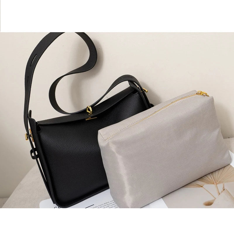 New Niche Luxury Designer Shoulder Crossbody Armpit Bag Head Layer Cowhide Leather Ladies Wide Shoulder Strap Large Capacity Bag