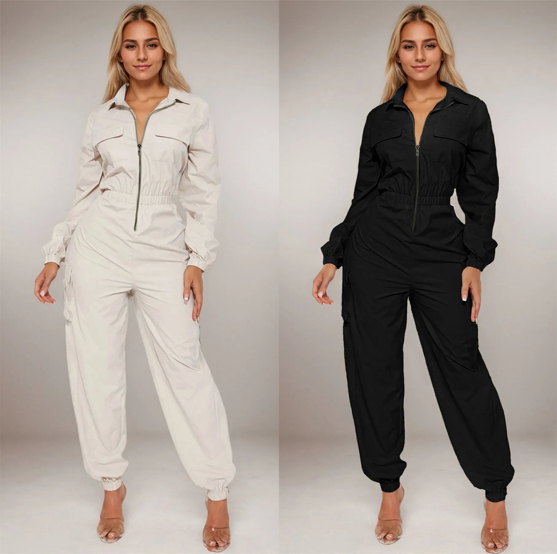 Women Jumpsuits Solid Rompers Zipper Pocket Turn Down Collar Long Sleeve Mid Waist Full Length Cargo Pants Loose Fit 2025 Summer