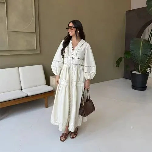 Elegant V Neck Lace Hollow Out Maxi Dress Women Puff Sleeve Embroidery Belt A-Line Elegant Spring New Lady Robes Summer 2025