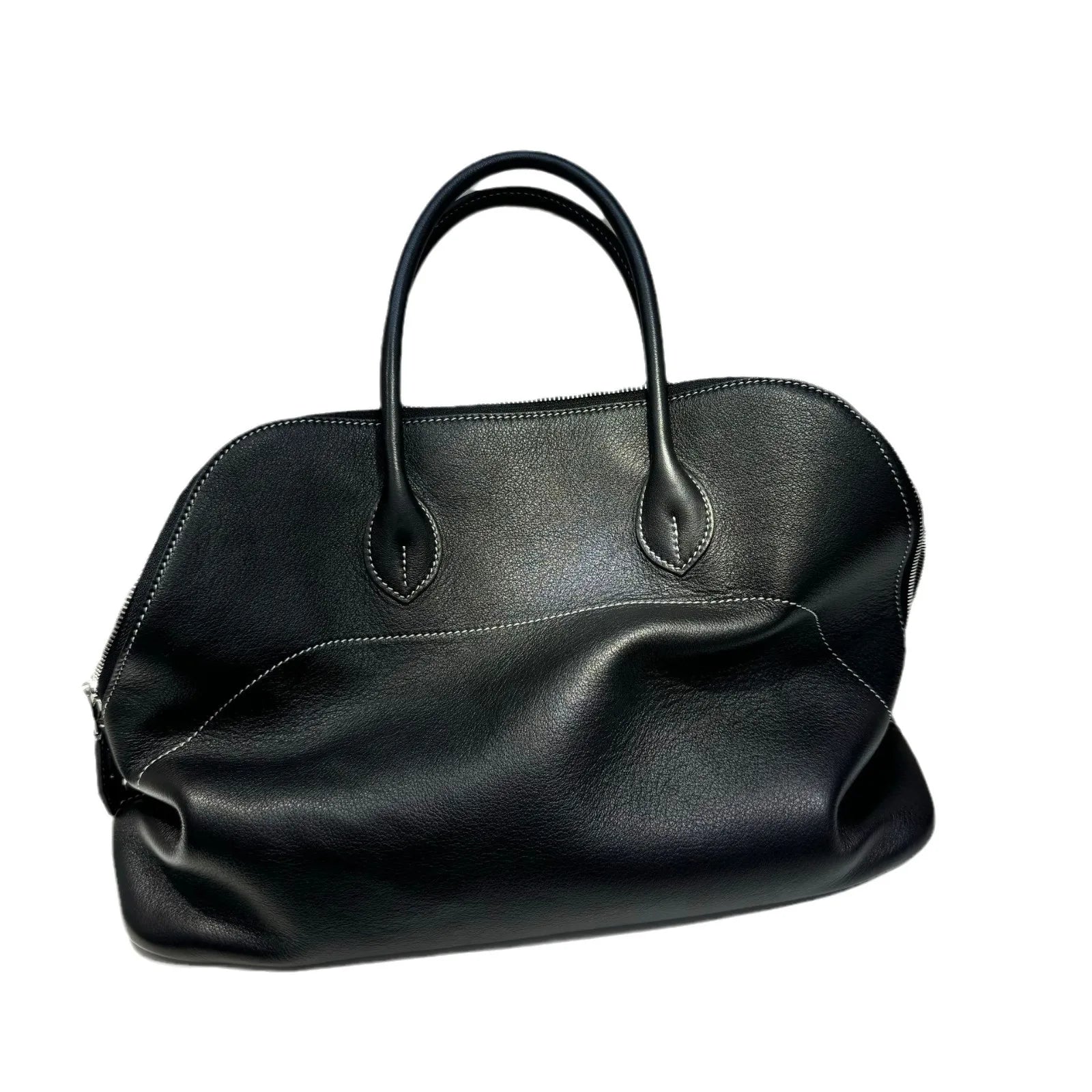 Light Luxury High-end Hand-stitched Bowling Handbag, First-layer Cowhide Shell Bag, Large-capacity Commuter Versatile Bag
