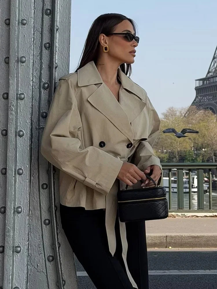 HH Spring Women Elegant Lapel Belt Shoulder Pad Solid Short Windbreaker Female High Street Double Breasted Long Sleeve Jacket