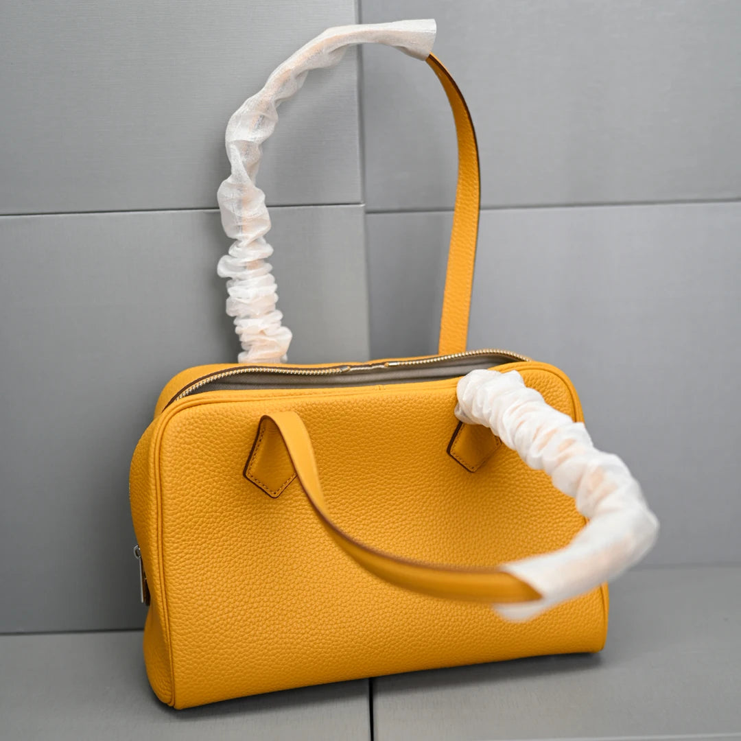 Genuine Leather Bowling Bag for Women, Top Layer Cowhide Handbag, Large Capacity Top Handle Bag, Small & Large Size