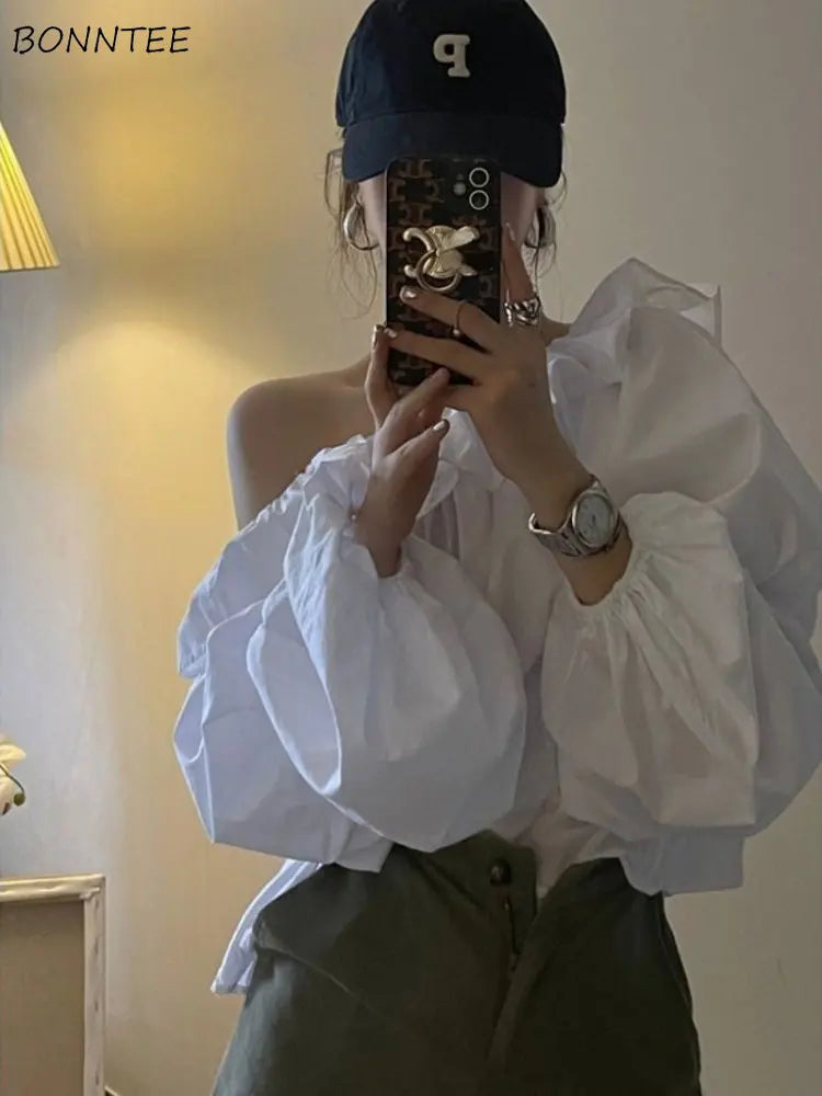 Blouses Women Vintage French Style Chic Elegant Party Blusas Tops All-match Spring Summer Stylish Puff Sleeve Clothing Pure Crop