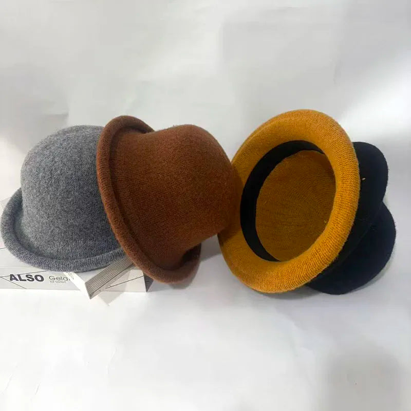 Wool Knit Bucket Hat for Women Japanese Simple Fedora Small Topper Hat Casual Ladies Solid Color British Top Hat Rolled Brim