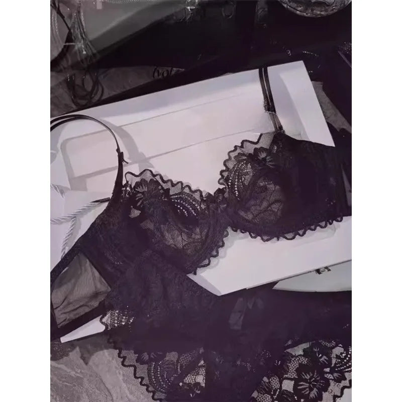 Chic French Ultra-thin Lace Lingerie Set, Large Breasts See-through Underwire Bra,small Bust Lift Elegant Soft Feminine Set S-xl