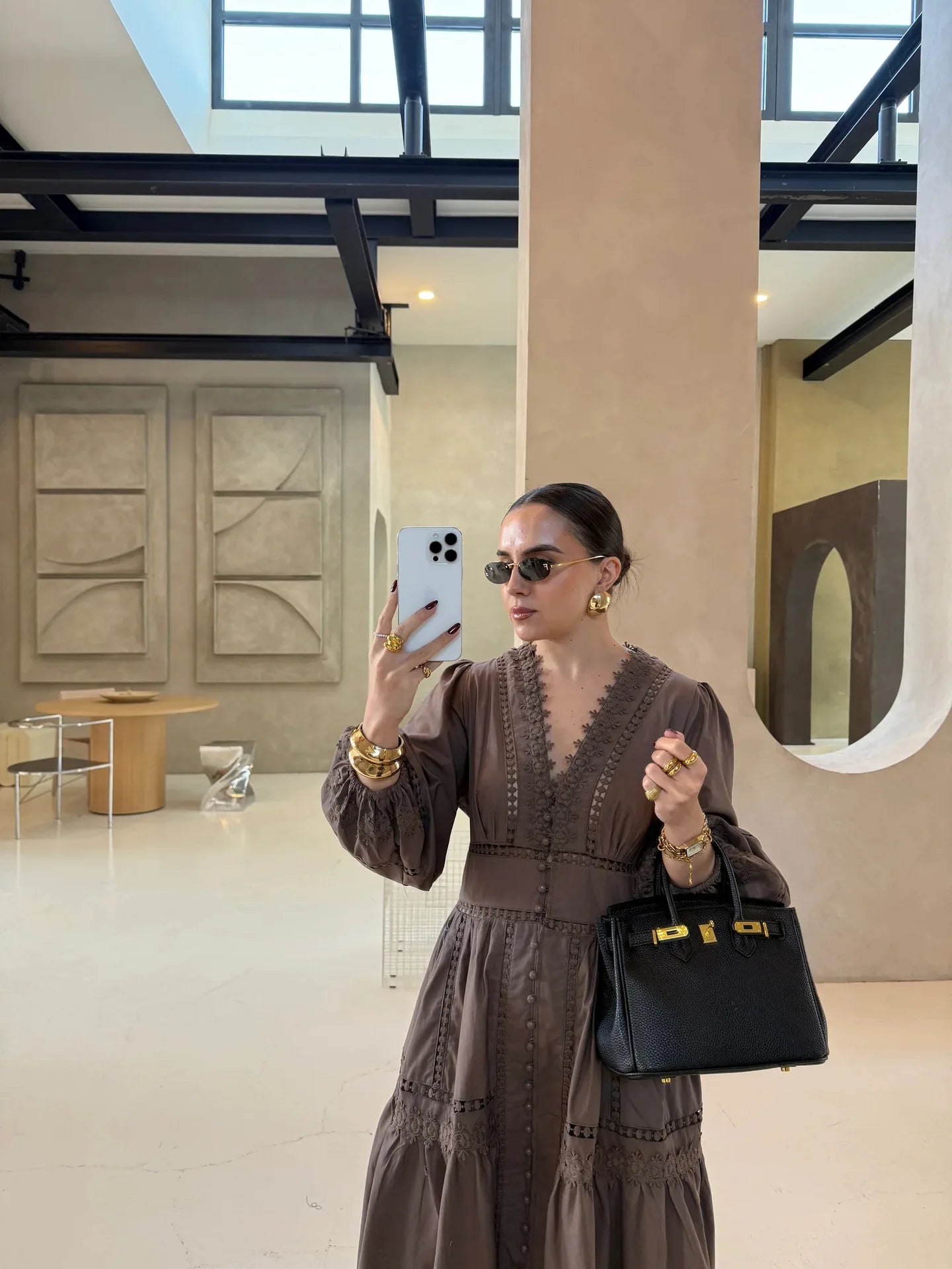 Elegant V Neck Lace Hollow Out Maxi Dress Women Puff Sleeve Embroidery Belt A-Line Elegant Spring New Lady Robes Summer 2025