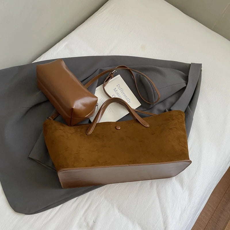 MOODS Branded Luxury Designer Handbags For Women 2-IN-1 Faux Suede Pure Color Large Capacity Shopper Shoulder Tote Bag Set 2025