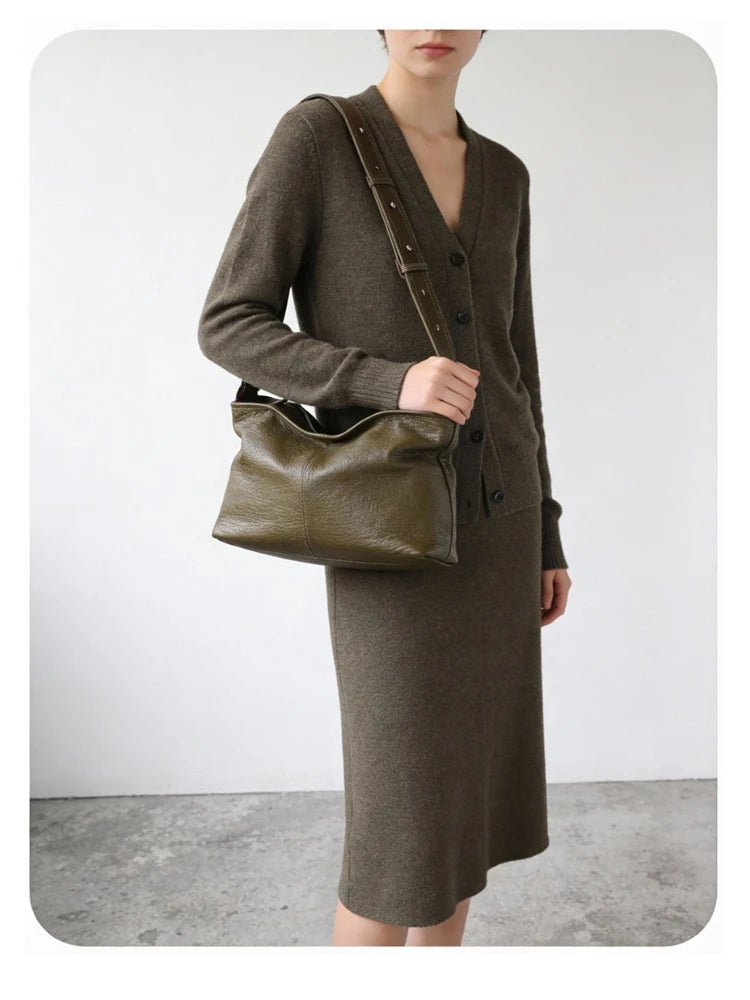 Slouchy Style Elephant Grain Top Layer Cowhide Leather Women Handbag Leisure Sage Green Beautiful Shoulders Bag