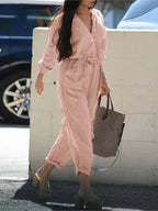 Women's Solid Casual Jumpsuit New Spring Autumn Elegant Long Sleeve High Waist Leace-up Vintage Ladies Jumpsuits Female Rompers