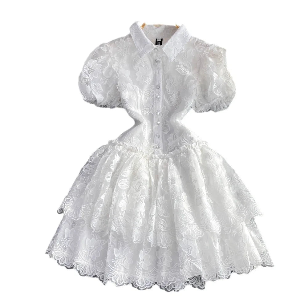 Women Vintage Lace Gown Dress Turn Down Collar Puff Sleeve Mini Dresses Single Breasted Spliced Elegant Vestidos Summer