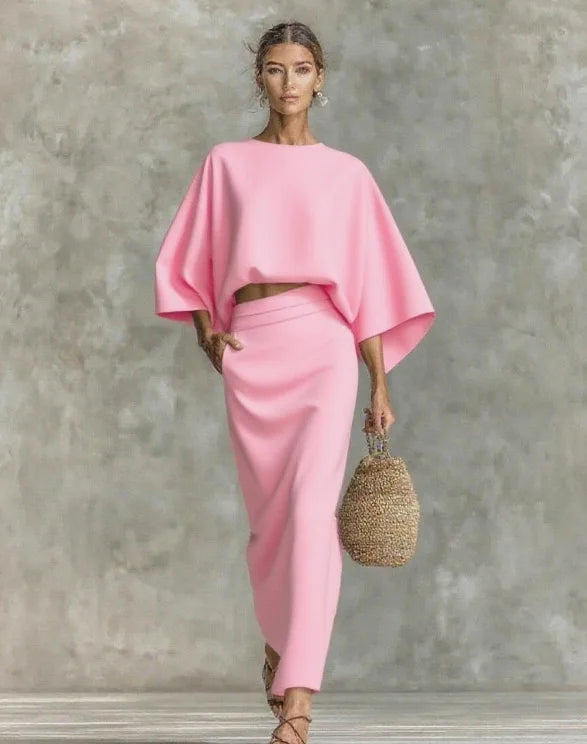 2025 New Fashion Bat Sleeve Shirt + Skirt Suit Women Autumn Casual Loose Solid Color Home Top Long Skirt For Women