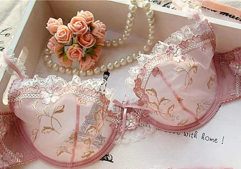 MOYISU New Arrival Luxury Pure Desire Lace Tulle Sexy Panties Lingerie Set Lilacs Embroidery Girl Boobs Big Size Big Boobs Small