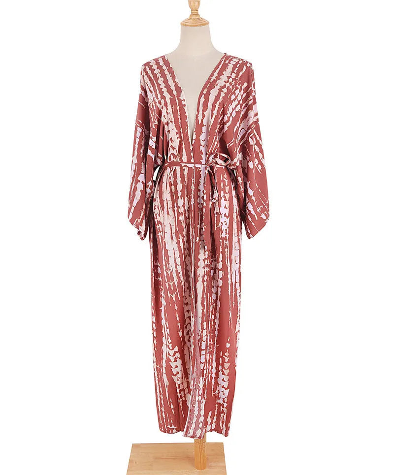 Long Kimono Swimsuit Cover up for Women Stylish Tie Dye Open Front Beach Outfits Bathing Suit