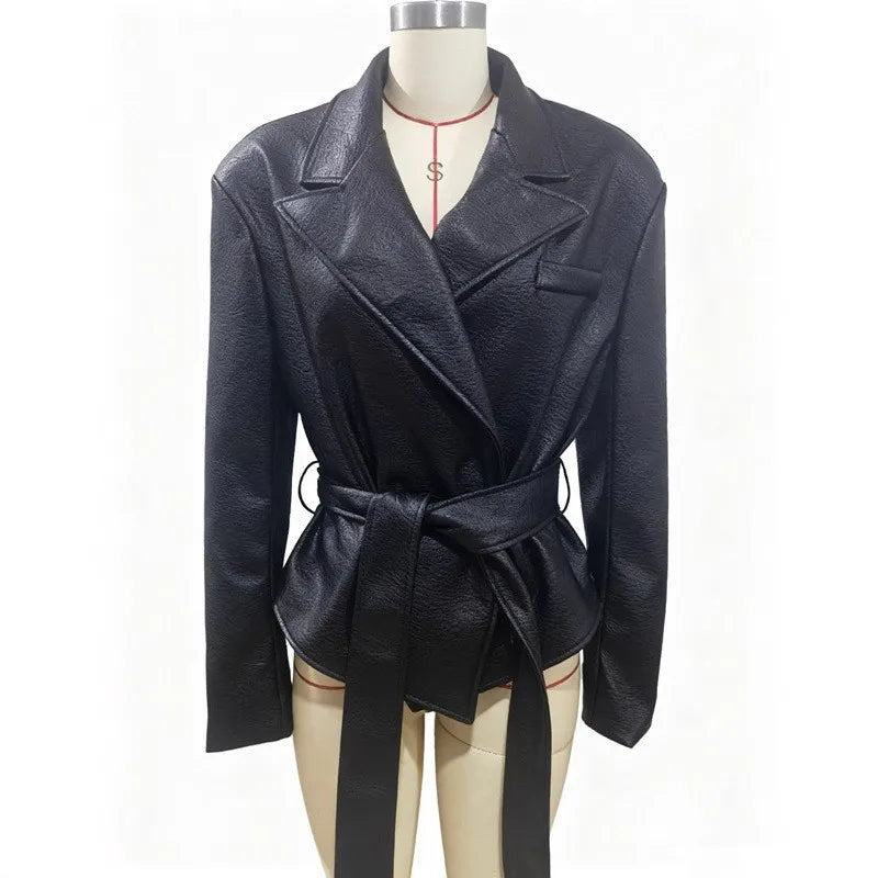 Motorcycle PU Leather Jacket Women 2026 Lace Up Turndown Collar Short Coat Jacket Full Sleeve Soft Leather Jacket New Outwear