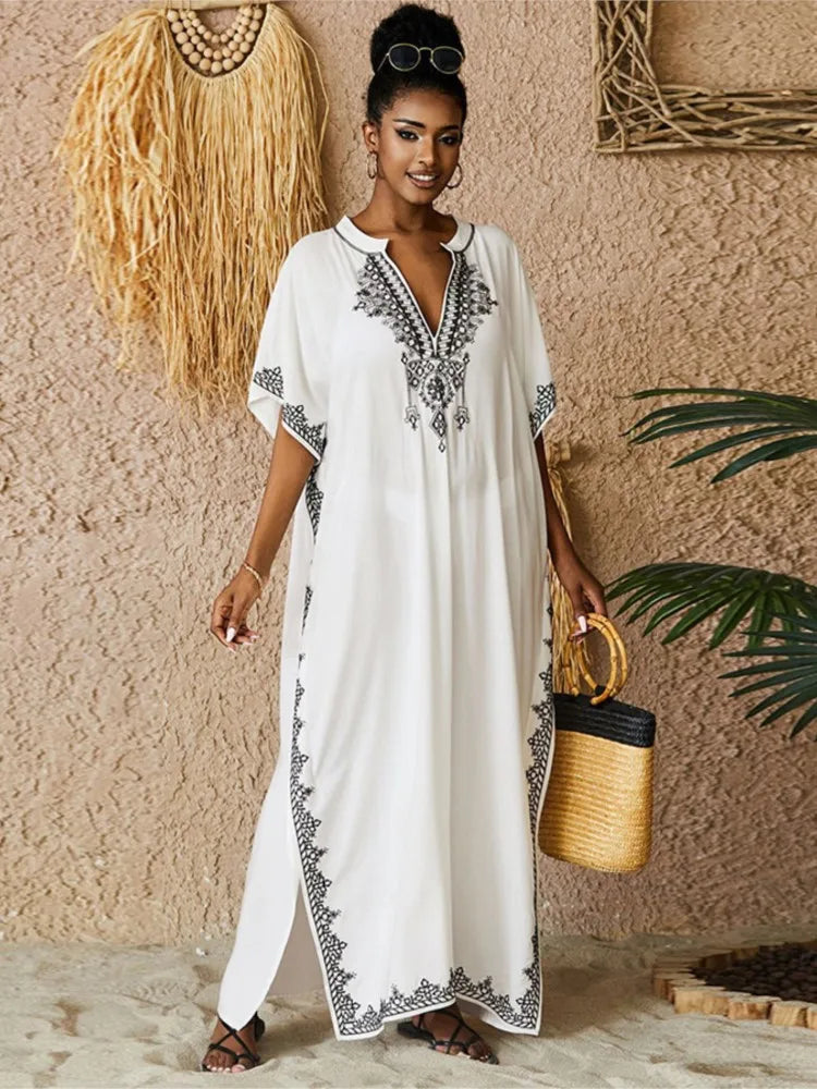 Women Vintage Loose Dress Cotton Beach Cover-up Embroidered Robe Vacation Sun Protection Bikini Cover-up Sexy Dresses For Women