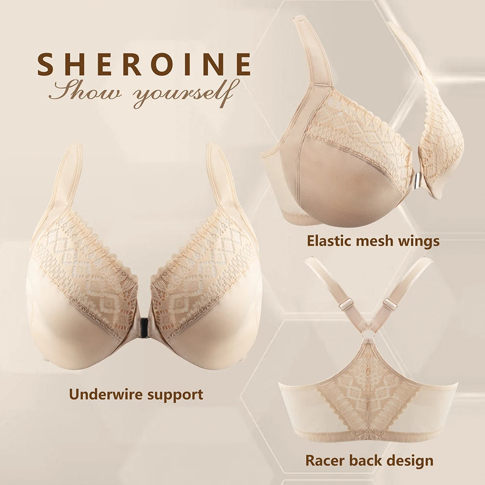 Sheroine Plus Size Lace Bra, Front Closure Full Coverage Underwire Unpadded Racerback Bra, Supportive and Comfort for Daily Wear