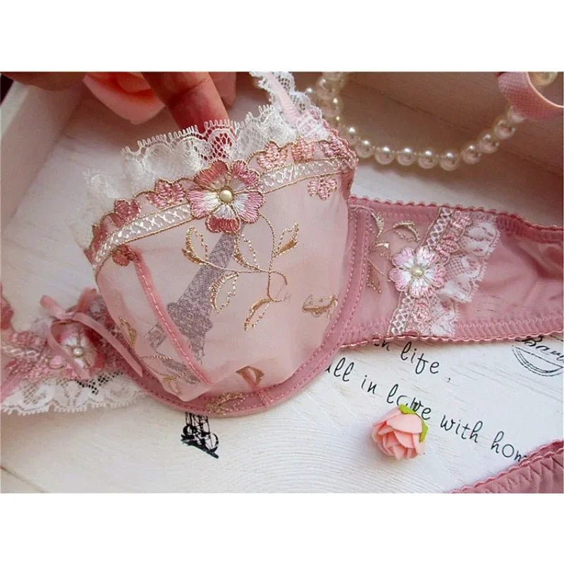 MOYISU New Arrival Luxury Pure Desire Lace Tulle Sexy Panties Lingerie Set Lilacs Embroidery Girl Boobs Big Size Big Boobs Small