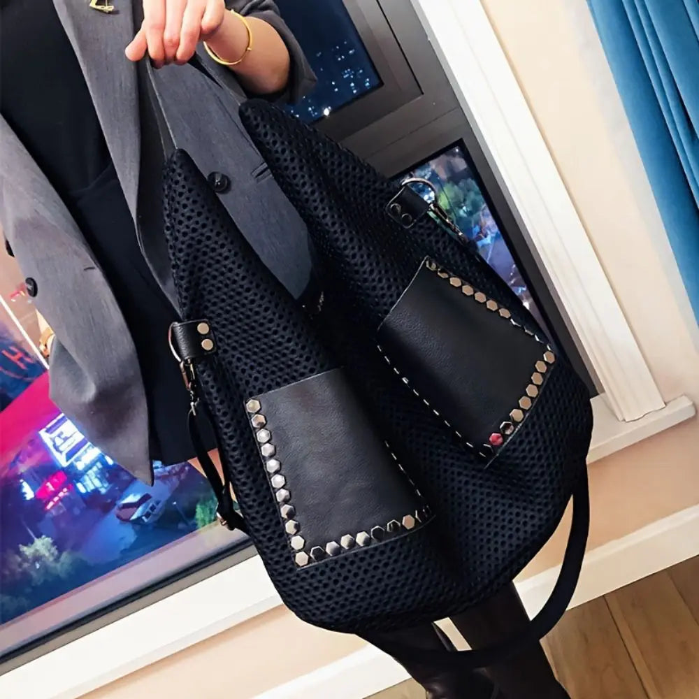 Retro mesh handbag, large capacity shoulder bag, punk style rivet stray bag, large women's bag