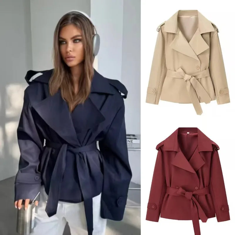 Aliexpress's Best-selling Cross-border European and American Style Women's Solid-color Belted Short Jacket Trench Coat Fashion
