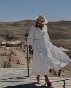 Elegant V Neck Lace Hollow Out Maxi Dress Women Puff Sleeve Embroidery Belt A-Line Elegant Spring New Lady Robes Summer 2025