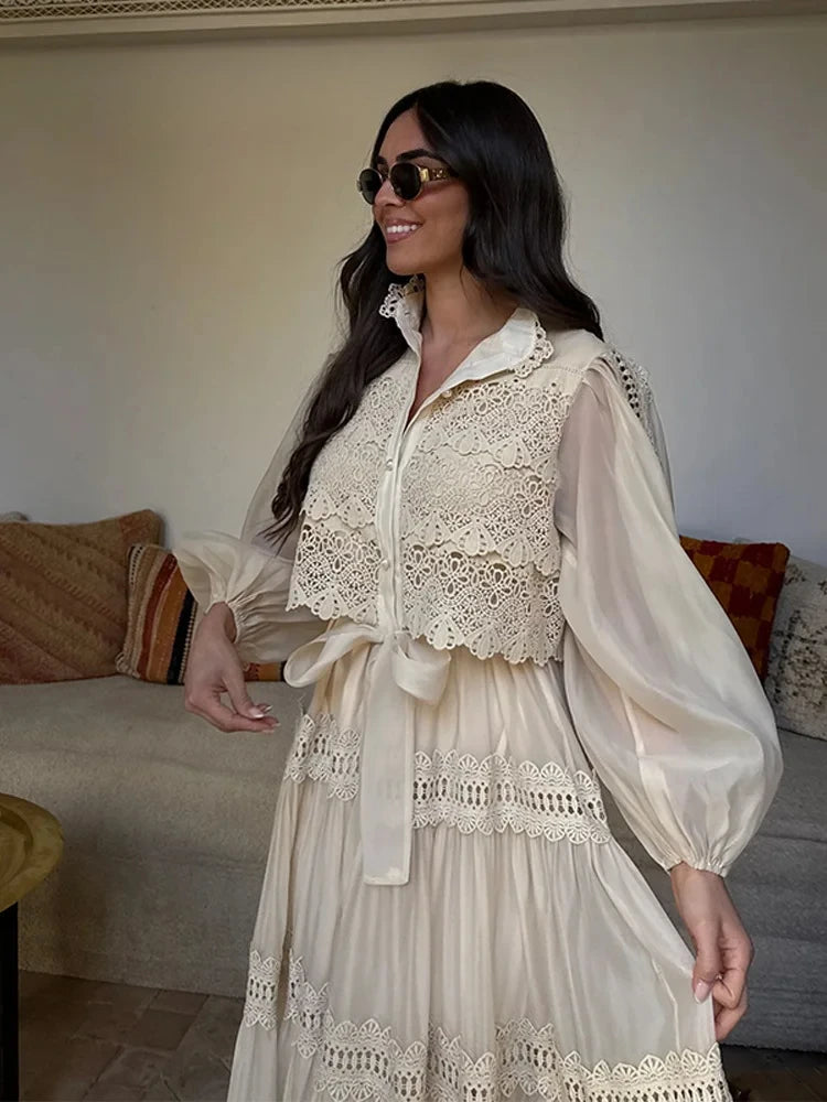 Elegant Hollow Out Women's Long Dresses Lantern Sleeves Lace Up Pearl Single Breasted Dress 2026 Spring Summer Female Solid Robe